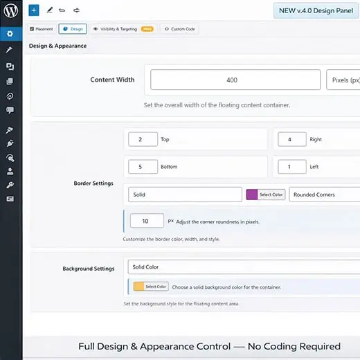Advanced Floating Content Pro admin panel