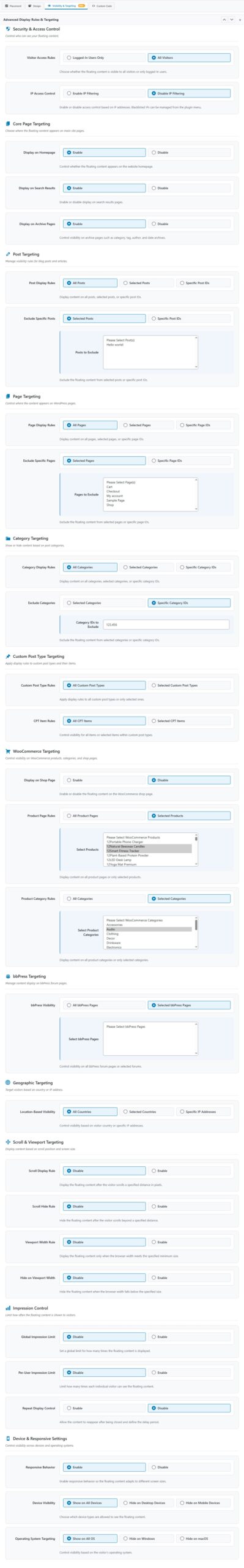 Advanced targeting and visibility rules for a WordPress floating button plugin